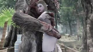 A dark elf is having sex with a troll in Skyrim