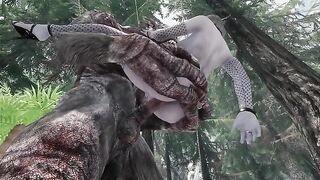 A dark elf is having sex with a troll in Skyrim