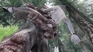 A dark elf is having sex with a troll in Skyrim