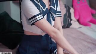 Schoolgirl with big natural tits gets creampied and facialized by horny teacher