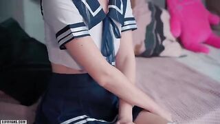Schoolgirl with big natural tits gets creampied and facialized by horny teacher