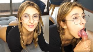 A cute young starlet gets her big dick in her small throat and receives a huge warm throat pie