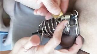 Femdom prostate milking with chastity e-stim and dildo