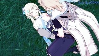 Aether and Futa Lumine fuck in the meadow - Genshin Impact Hentai