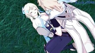 Aether and Futa Lumine fuck in the meadow - Genshin Impact Hentai