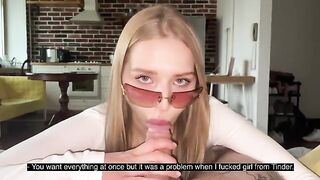 Pretty woman fucks with a guy and gets cum on her glasses