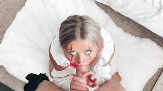 Littlebuffbabe is crazy, she sucks cock before Halloween party