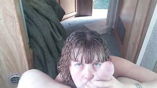 The guy shoots his cum into the mouth of the kneeling bitch Lavender Joy