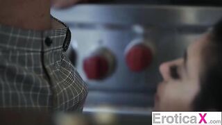 Hot and sexy couple have passionate sex right in the kitchen