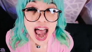 Fat cock slave Little Puck gets her huge boobs covered in jizz