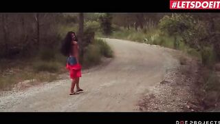 The pretty brunette Alexa Tomas makes a piss in public and then licks a cock