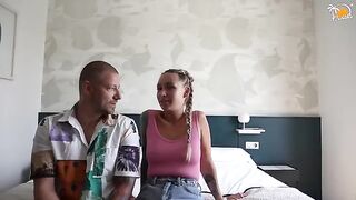 A couple enjoying their first fun at a hotel, diving into dirty talk