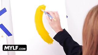 Artistic cougar seduces her male nude painting model with ease