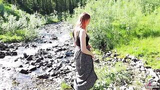 Redhead teen enjoyed outdoor sex and got creampied by her guy