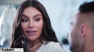 A gorgeous brunette woman, April, experiences anal for the first time with intense passion