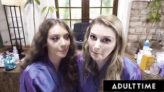 Two girls are having a good time while giving you a hairdressing service - POV