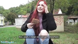 Public agent spotted a hot redhead in the street, convinced her to pose, then screwed her in a basement