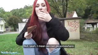 Public agent spotted a hot redhead in the street, convinced her to pose, then screwed her in a basement