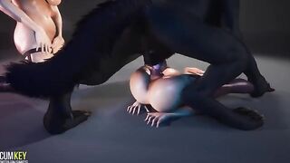 A couple of hot girls seduced a werewolf to fuck with them both