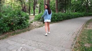 Great quick blowjob in the park with cum in mouth - hot action!