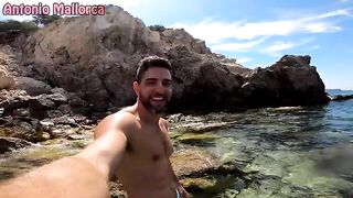Public sex on the nude beach with a skinny brunette, ending with a cumshot