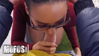 The hot girl lets the guy study her boobs and ass for money