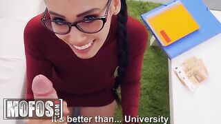 The hot girl lets the guy study her boobs and ass for money