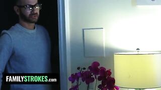 The stepdaughter pleased her stepdad while her stepmom was nearby