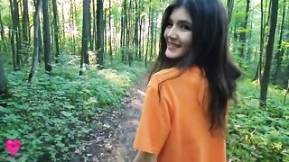 A hungry girl gets sperm from her forest-walking companion