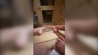 This fat bald guy masturbates in sauna and gets his cock sucked hard