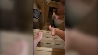This fat bald guy masturbates in sauna and gets his cock sucked hard