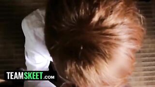Ginger housekeeper Abbey Rain gets dropped to her knees and fucked