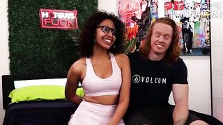 A Latina girl is fucking with a muscular redhead guy who blows his cum twice