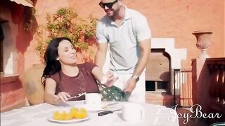 A busty brunette enjoys a passionate holiday with a well-hung man