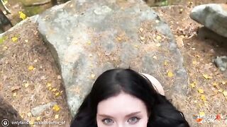 A brunette girl was roughly fucked outdoors in the wood