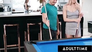 Two hot roommates Paige Owens and Kay Lovely are using a pool stick