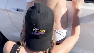 A wife gets fucked and spit roasted by two guys in the Nevada desert