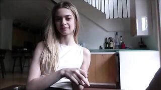 The petite stepdaughter practices with her stepfather using a role-playing technique