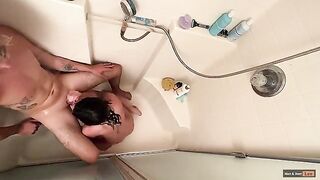A girl took a shower and her boyfriend joined her to get intimate
