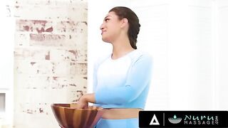 Bella Rolland, busty masseuse, gets fucked by her landlord in oil