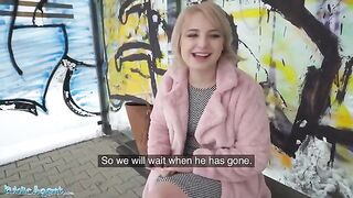 Public pick up with short hair blonde teen at bus stop