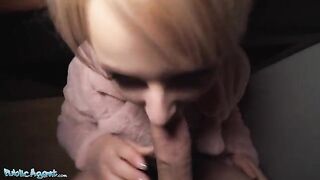 Public pick up with short hair blonde teen at bus stop