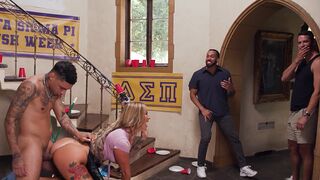 The busty housekeeper gets fucked by a group of young men in a rough gangbang