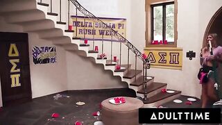 The busty housekeeper gets fucked by a group of young men in a rough gangbang