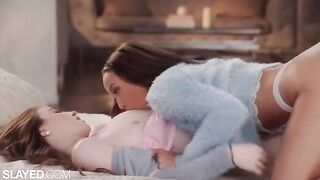 Two petite girlfriends enjoy sensual lesbian sex in this steamy SLAYED production