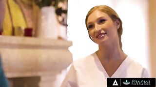 Redhead Skylar Snow, with her stunning curves, satisfies her client with intense massage action