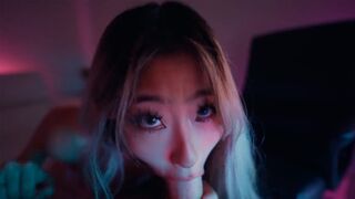 Sexy Asian teen Raya Steele, with her stunning 32B figure, gives an amazing deepthroat blowjob