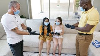 Two step-daughters get their pussies cleaned and fucked by their daddies in a taboo orgy