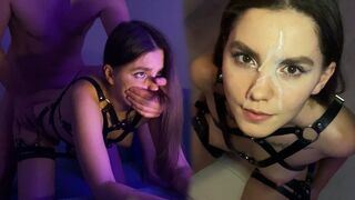 Hot brunette in harness, stunning cum on her face - PORN
