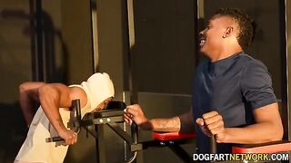 Kay Carter gets fucked by two black men at the gym while her husband watches